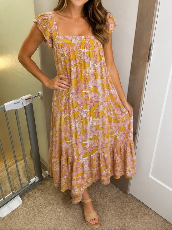 Knox Rose Dresses & Skirts - Knox Rose Square Neck Flutter Cap Sleeve Maxi Dress Yellow Pink Floral Tropical